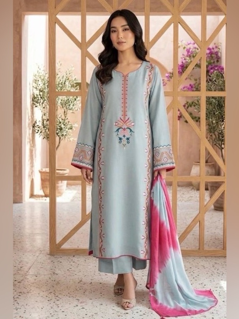 Blue-Pink Olive French Crepe Silk Kurta Set